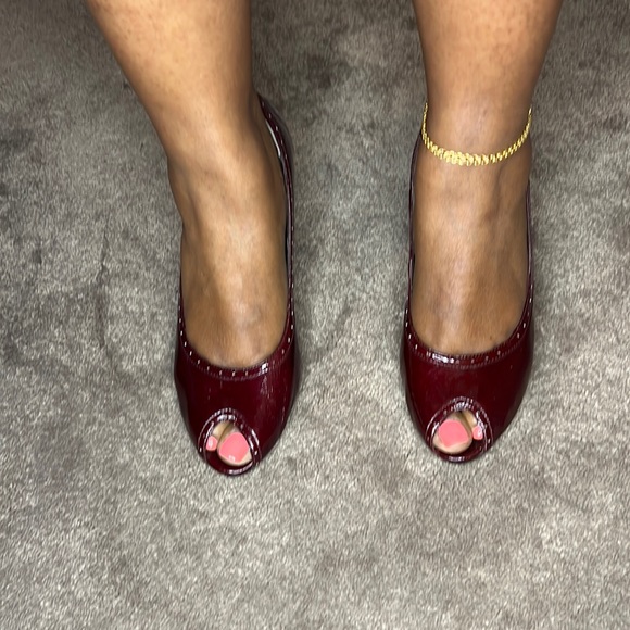 Burgundy Open Toe Patent Leather Spectator Style Pumps - Picture 1 of 6